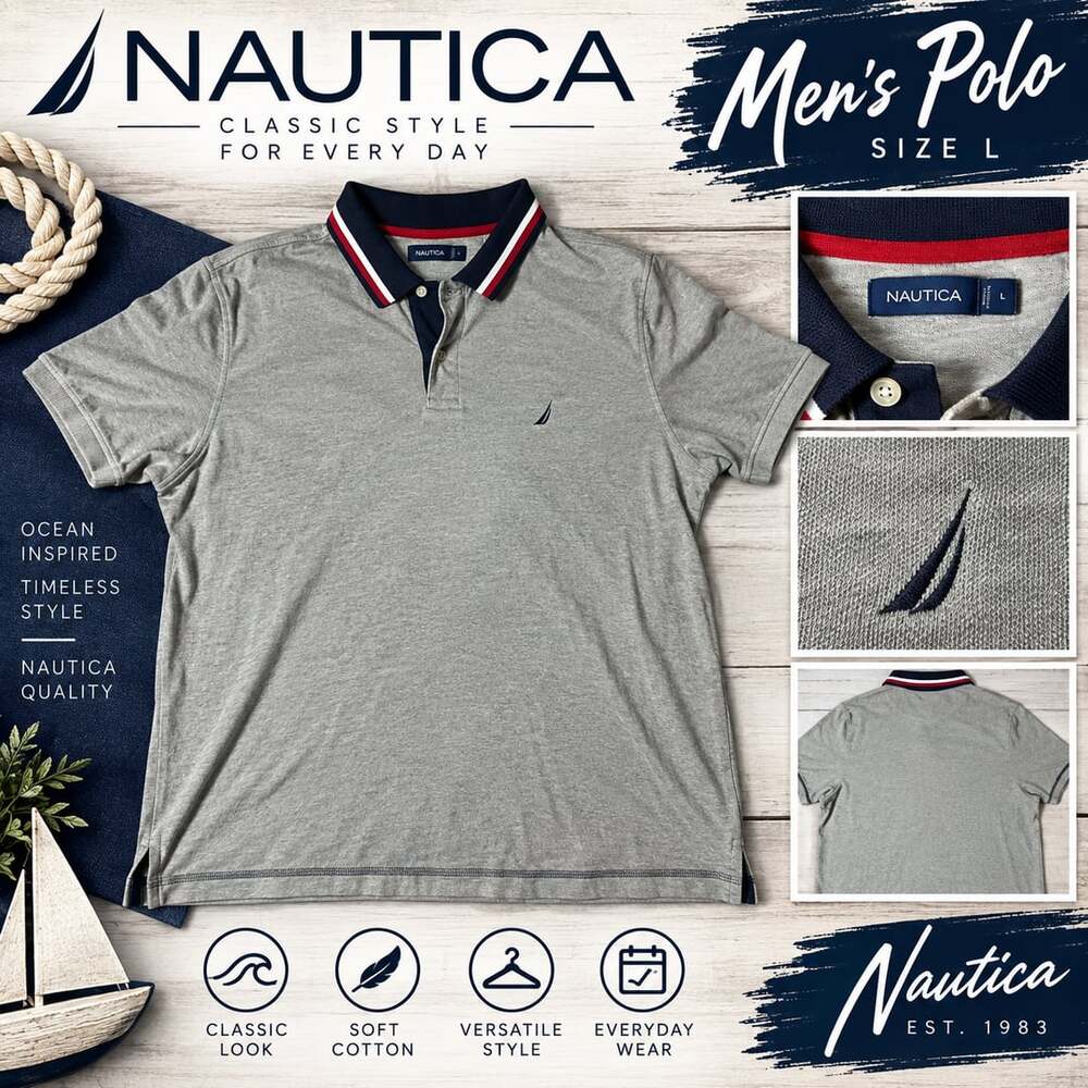 Nautica Polo Shirt Size L Gray Cotton Short Sleeve Tipped Collar